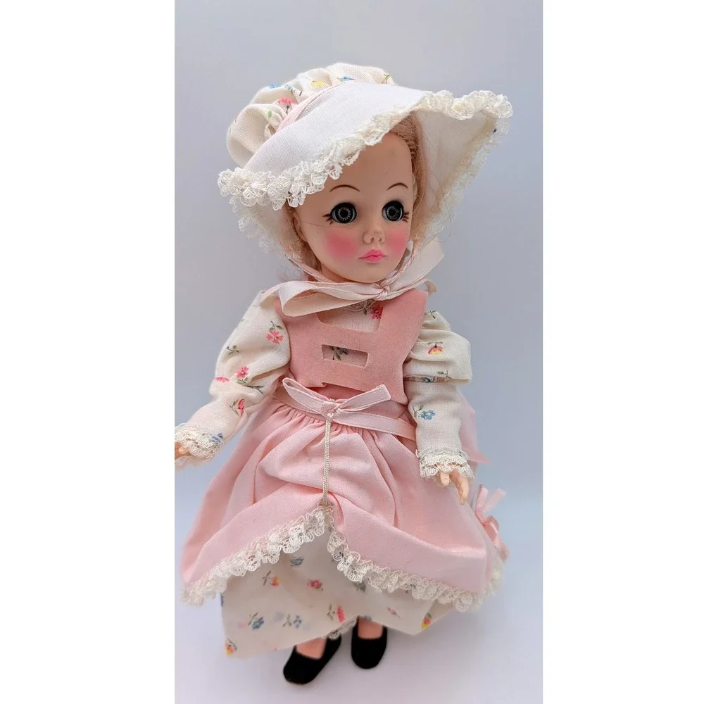 Vintage 11 Inch Collectible Doll Floral Lace Dress Pink Pinafore Bonnet Blonde